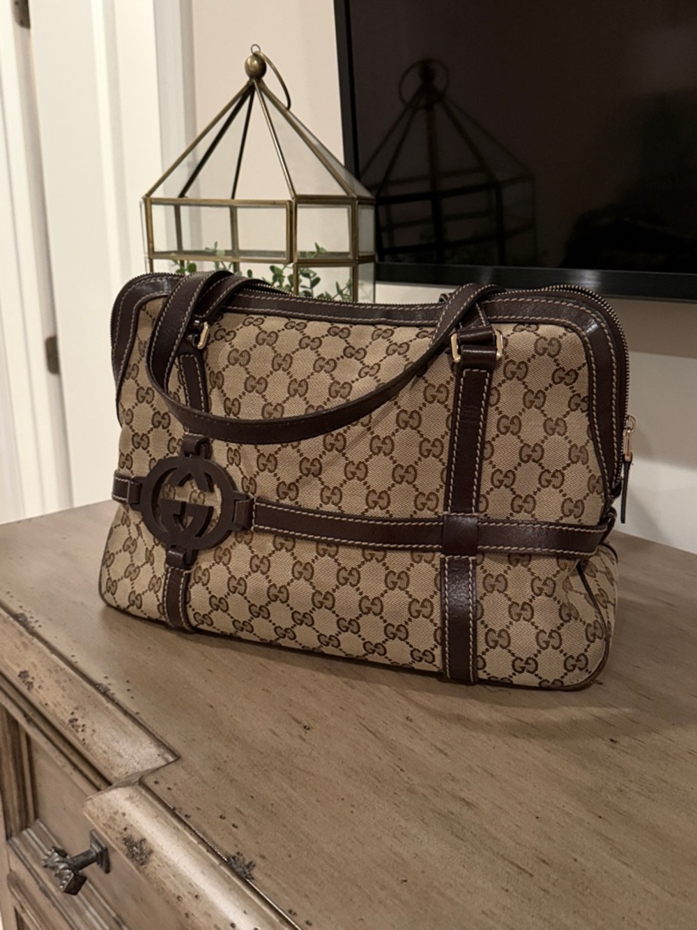 Gucci Beige Monogram Canvas Brown Leather Bag